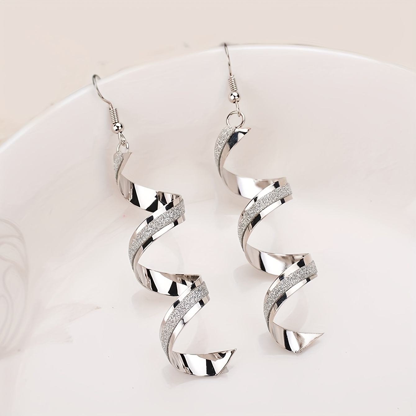 Spiral Wave Drop Earrings for Women in Silver Tone